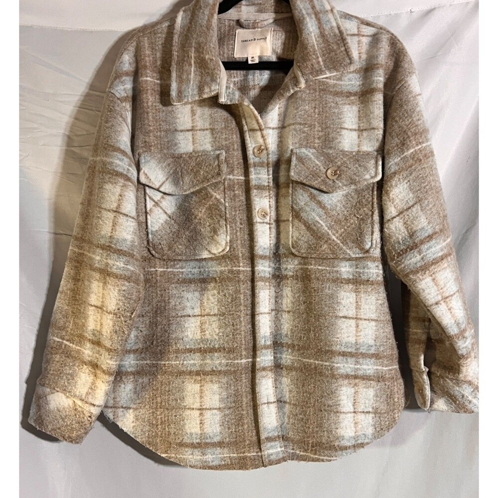 Thread & Supply Shacket Woman's M Plaid Poly Fleece Button Up Jacket Coat